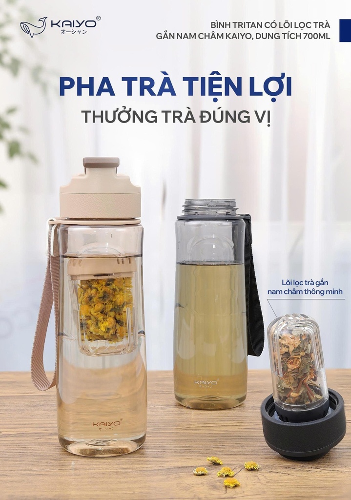 Bình Tritan Có Lõi Lọc Trà Gắn Nam Châm Kaiyo 700ml Màu Nâu 