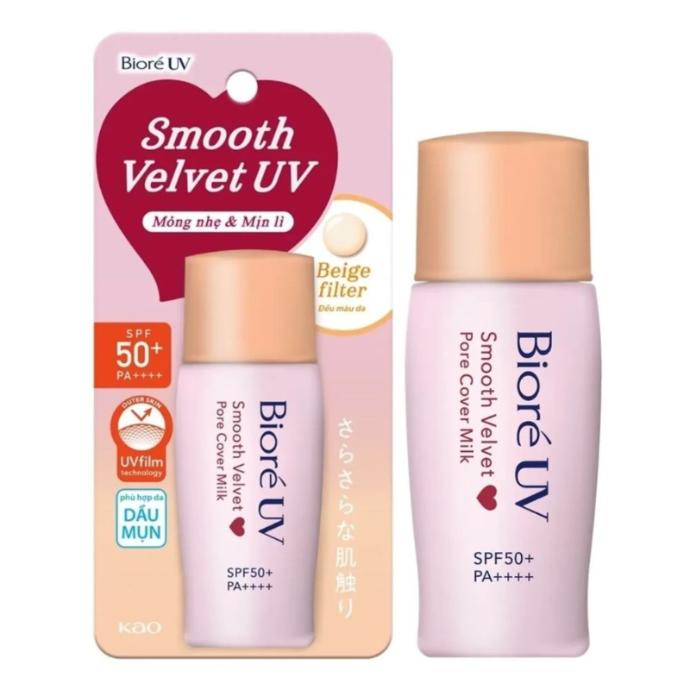 Sữa Chống Nắng Bioré Trang Điểm Mỏng Nhẹ, Mịn Lì Smooth Velvet Pore Cover Milk SPF 50+ PA++++ 30ml (Nắp Cam)