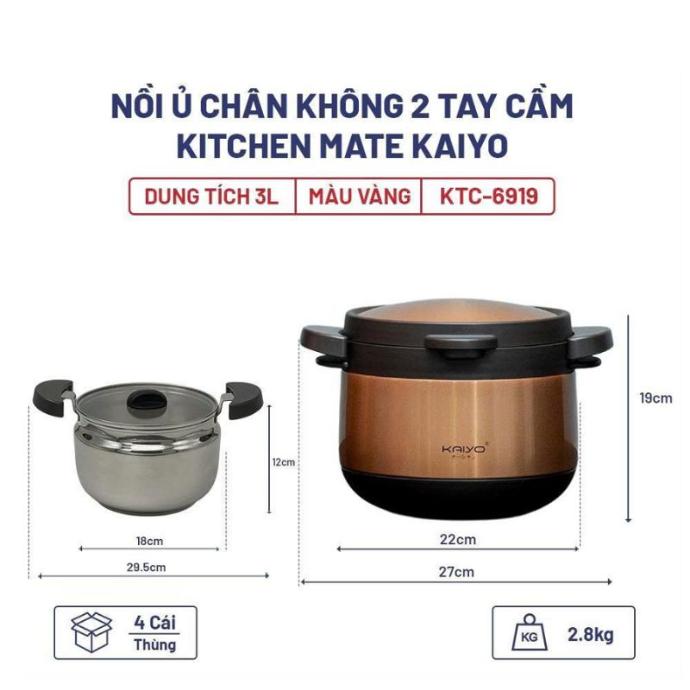 Nồi Ủ Chân Không Kaiyo 2 Tay Cầm Màu Vàng 3 Lít