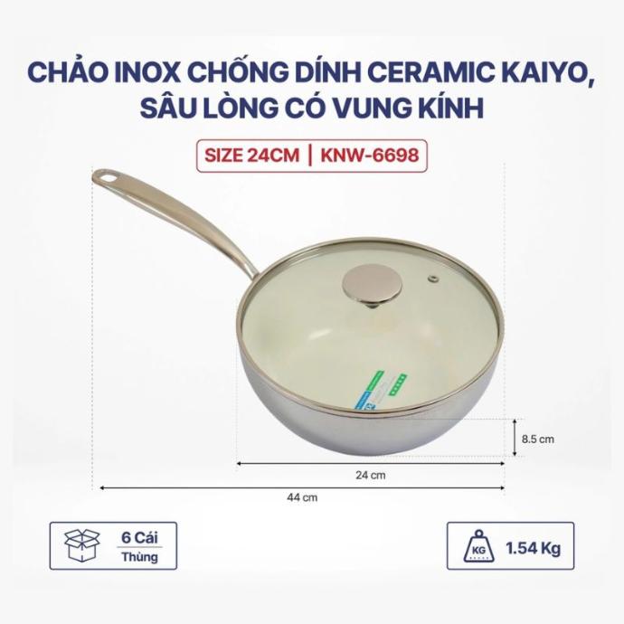 Chảo Inox Chống Dính Ceramic Kaiyo, Sâu Lòng Có Vung Kính Size 24Cm