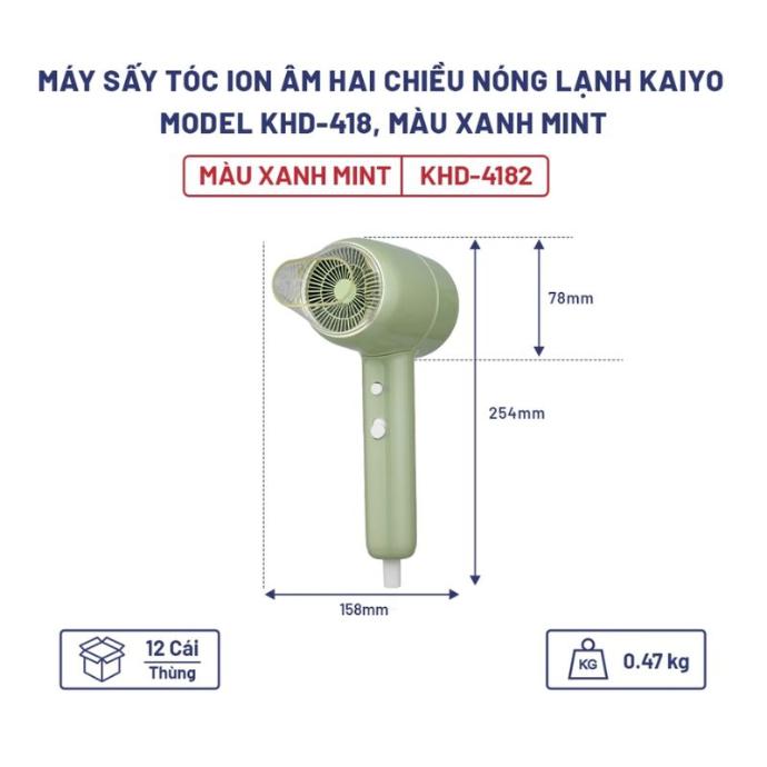 Máy Sấy Tóc Ion Âm Hai Chiều Nóng Lạnh Kaiyo KHD-418 Màu Xanh Mint