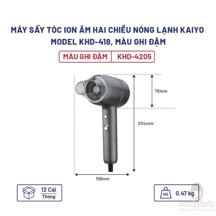 Máy Sấy Tóc Ion Âm Hai Chiều Nóng Lạnh Kaiyo KHD-418 Màu Ghi Đậm