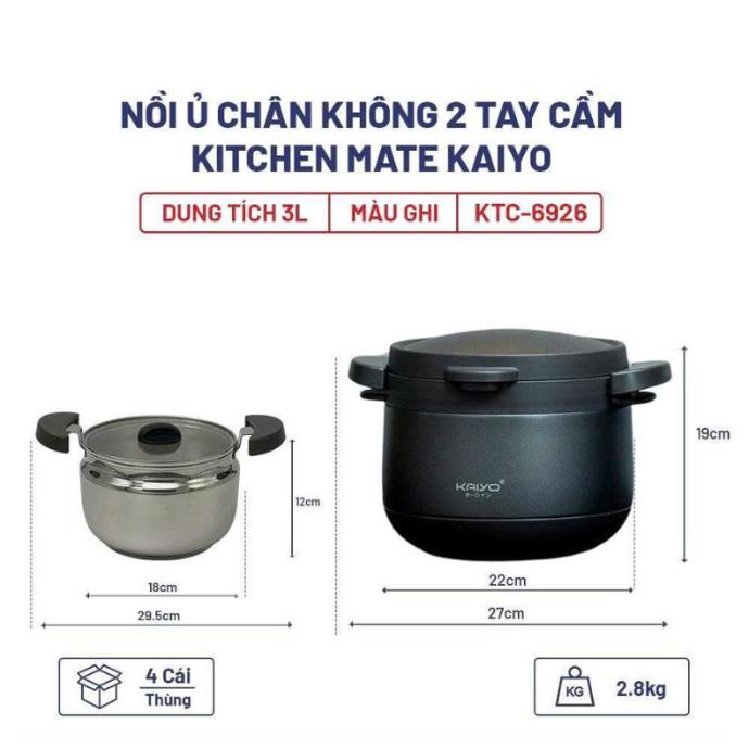 Nồi Ủ Chân Không Kaiyo 2 Tay Cầm Màu Ghi 3 Lít