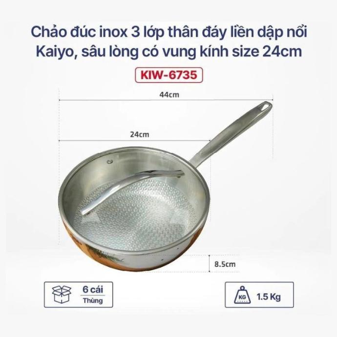 Chảo Đúc Inox 3 Lớp Thân Đáy Liền Dập Nổi Kaiyo 24Cm (Sâu Lòng Có Vung Kính)