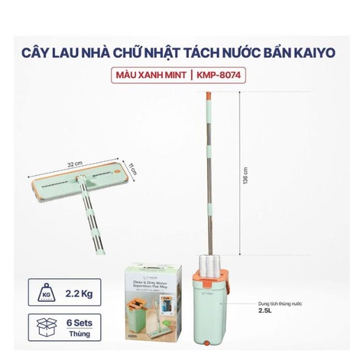 Bộ Cây Lau Nhà Chữ Nhật Tách Nước Bẩn Kaiyo Màu Xanh Mint