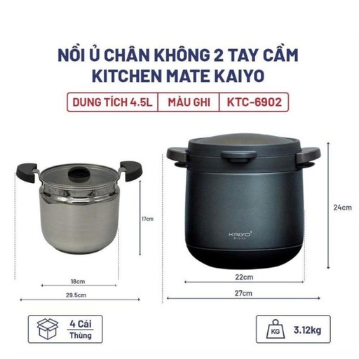 Nồi Ủ Chân Không Kaiyo 2 Tay Cầm Màu Ghi 4,5 Lít