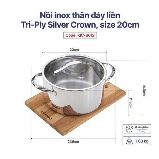 Nồi Inox Thân Đáy Liền Tri-Ply Silver Crown, Size 20Cm