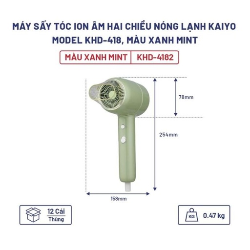 Máy Sấy Tóc Ion Âm Hai Chiều Nóng Lạnh Kaiyo KHD-418 Màu Xanh Mint