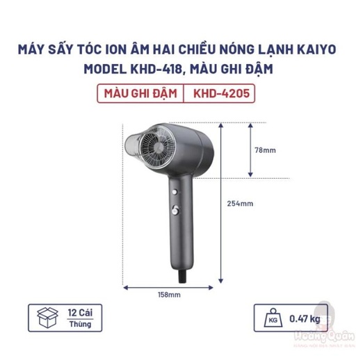 Máy Sấy Tóc Ion Âm Hai Chiều Nóng Lạnh Kaiyo KHD-418 Màu Ghi Đậm